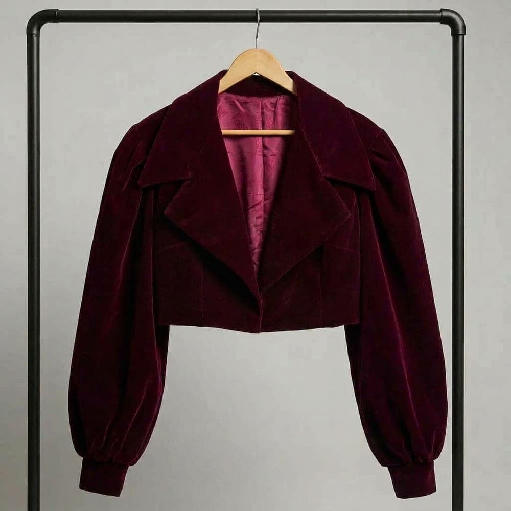 Velvet Cropped STASIS — burgundy velvet cropped jacket with wide lapels and puff sleeves, on a hanger